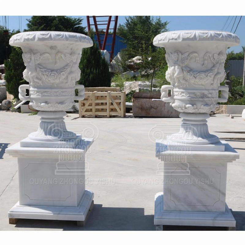 Carving & Sculpture | A Pair Of Nature Marble Stone Flower Planter Urns For Garden Decoration