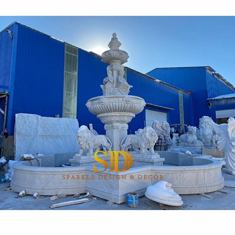 Carving & Sculpture | Large Size Natural White Marble Carving Fountain With Lion Statues For Garden Decoration