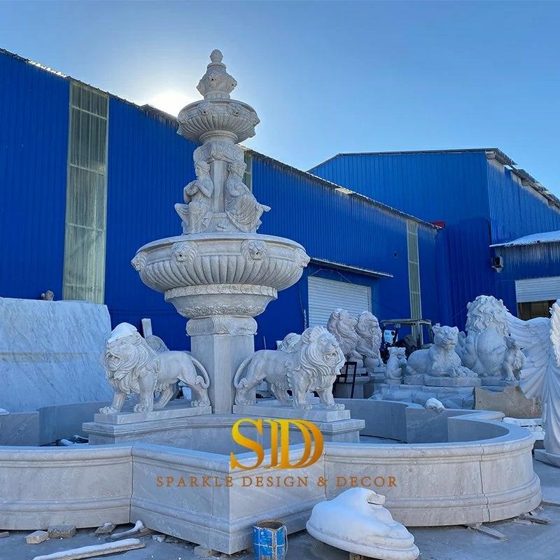 Carving & Sculpture | Large Size Natural White Marble Carving Fountain With Lion Statues For Garden Decoration