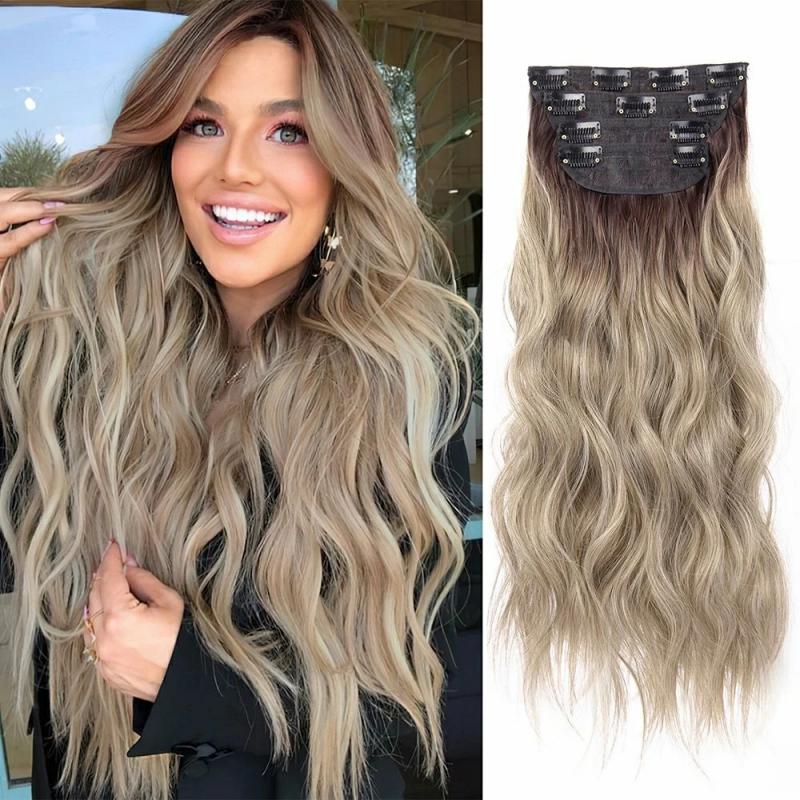 Hair Extension | High Quality Ombre Blonde Hairpieces Synthetic Long Wavy Hair Extensions Natural Black Clips In Hair Extensions