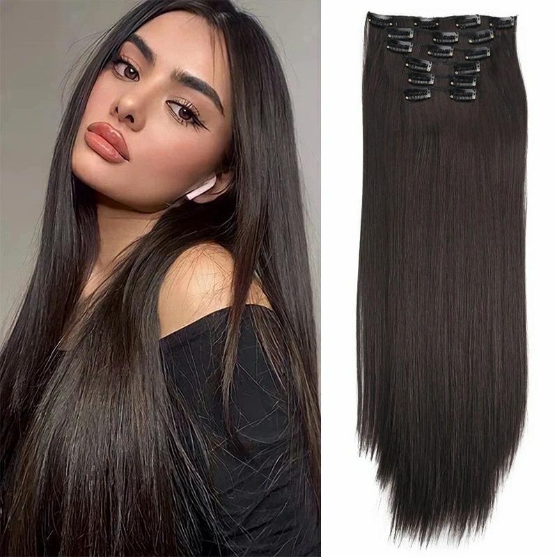 Hair Extension | 22 Inches Synthetic Long Straight Hair 16 Clips 7Pcs 160G Extensions Clips In High Temperature Fiber Black Brown Hairpiece